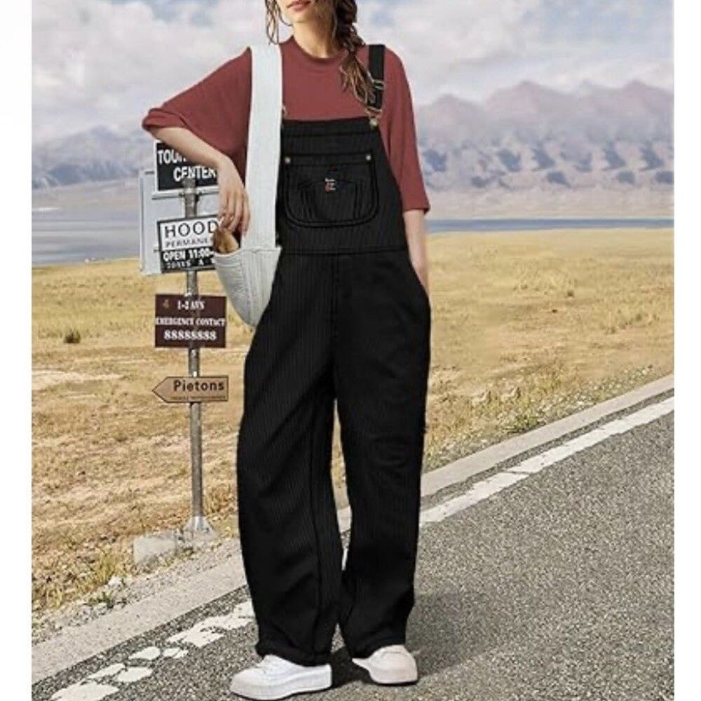 Yesno Straight Leg Soft Stretch Corduroy Bib Overalls Adjustable Strap Black S